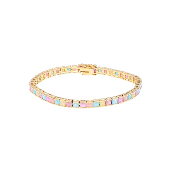 Cubic bracelet is gold-plated and studded with colored zircon stones