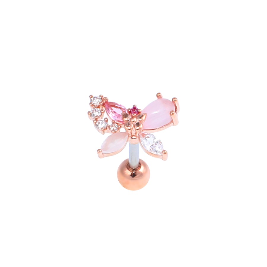 The piercing earring is gold plated, butterfly model with zircon stone