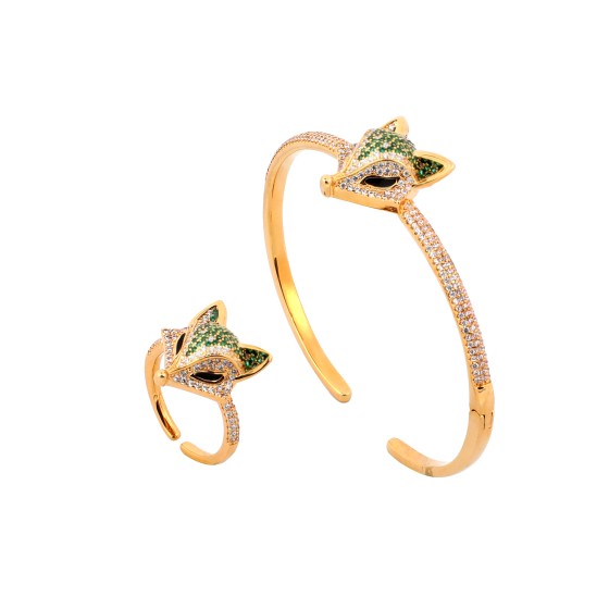 A gold-plated fox head bracelet and ring studded with colored zircon s