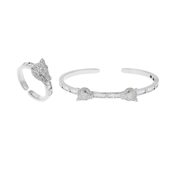 A bracelet with a ring in the shape of a tiger's head, studded with zircon stones