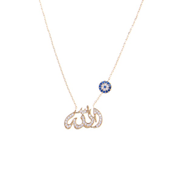 The name of God necklace is plated with gold and studded with zircon s