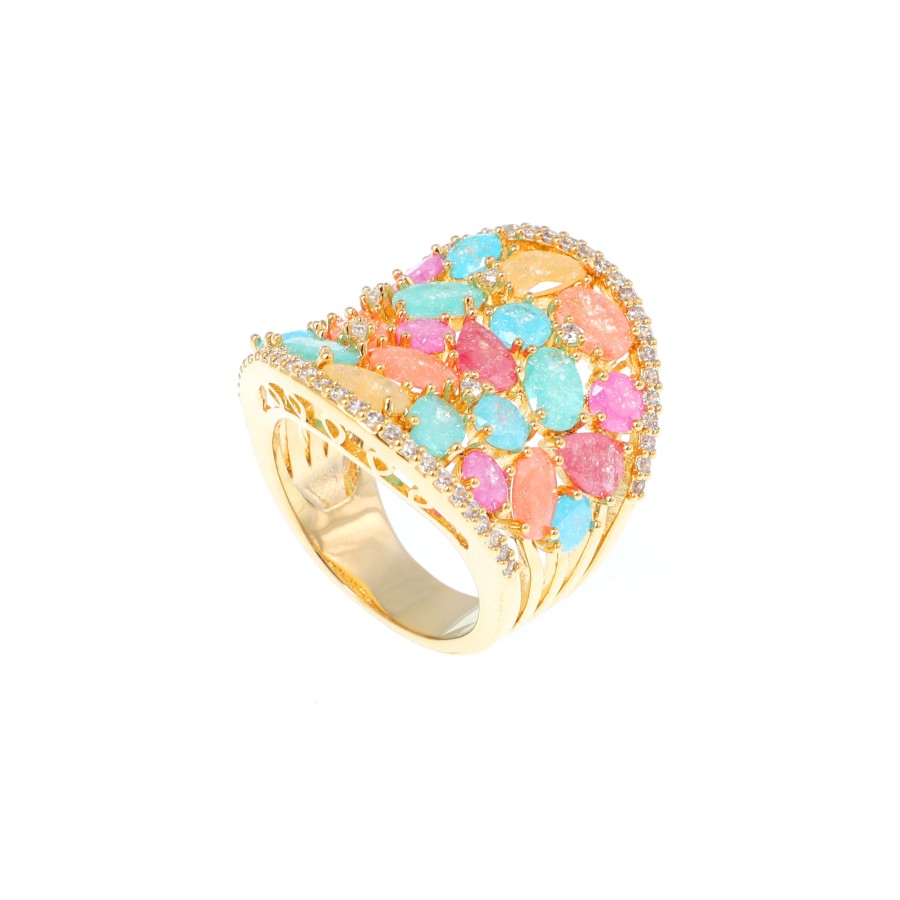 Ring wide gold plated studded with zircon and cubic zirconia stones