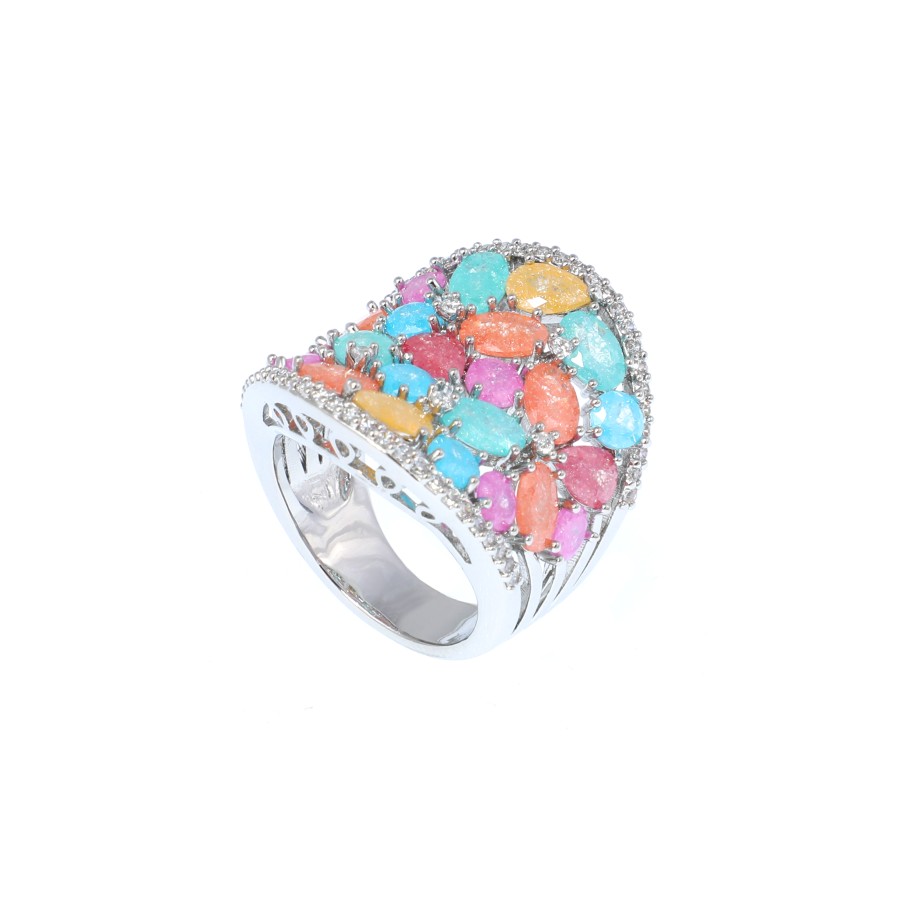 Ring wide gold plated studded with zircon and cubic zirconia stones