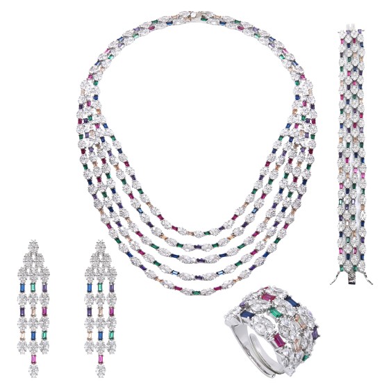A large set of five lines, silver studded with colored zircon stones