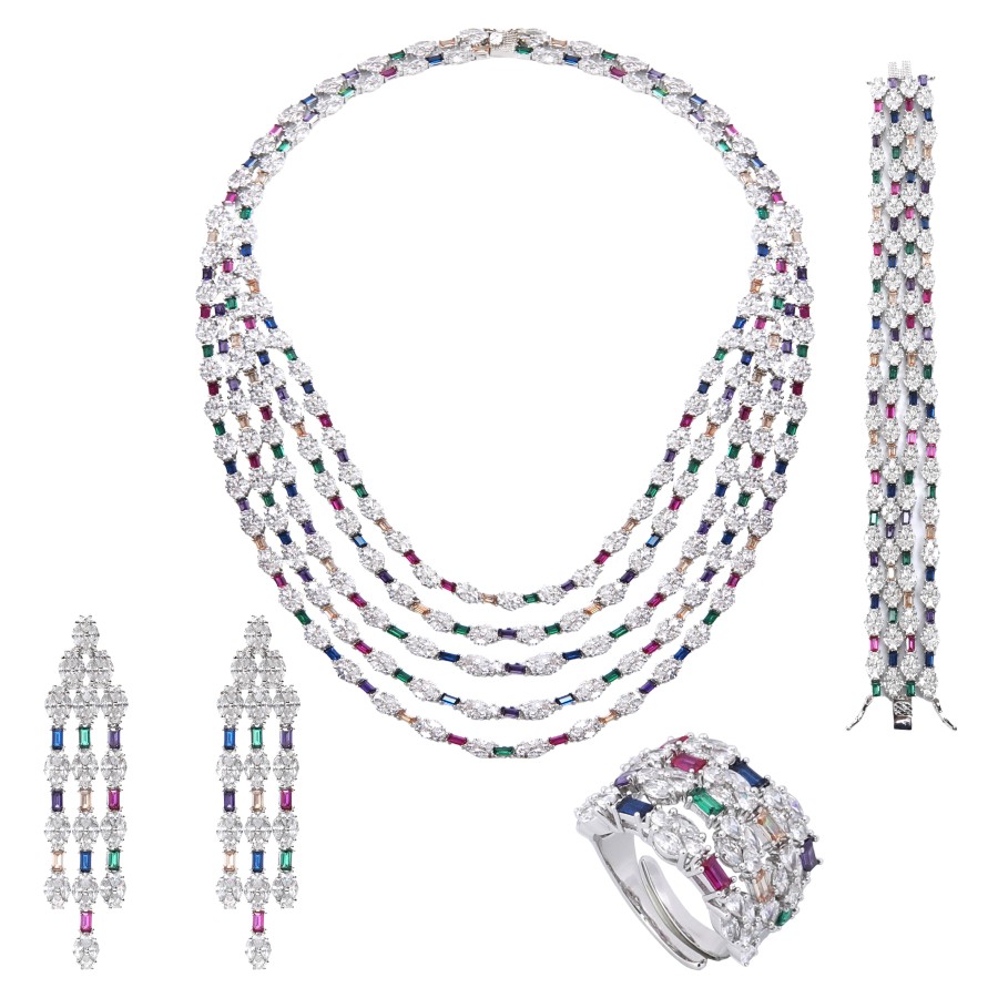 A large set of five lines, silver studded with colored zircon stones
