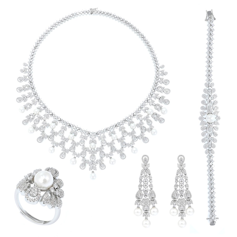 big set, silver, studded with zircon stones and pearls