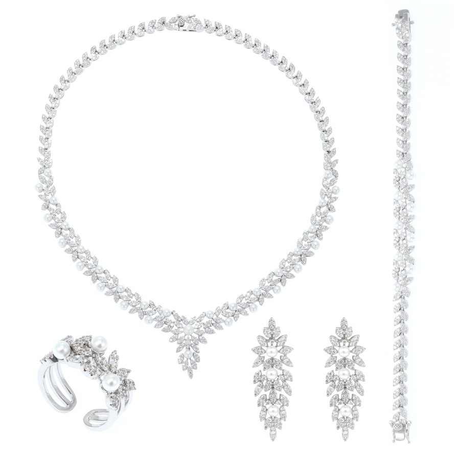big set, silver, studded with zircon stones and pearls