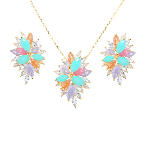 Small set delicate plated with gold studded with colored cubic zirconi