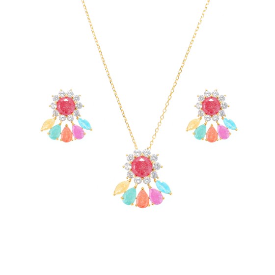 Small set delicate plated with gold studded with colored cubic zirconi