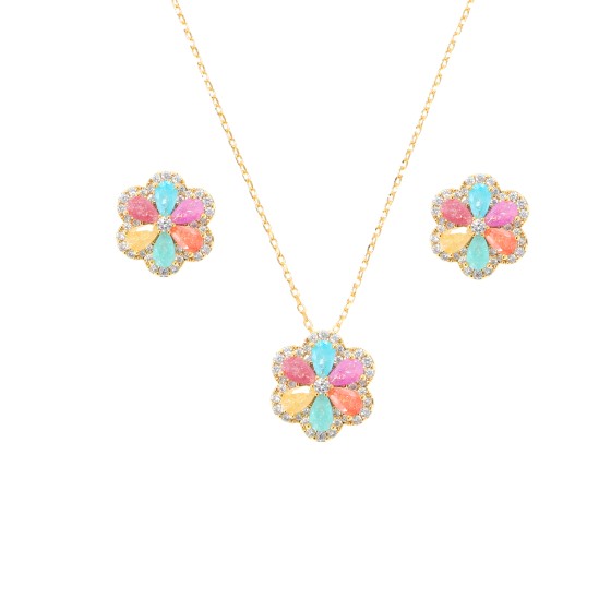 Small set delicate plated with gold studded with colored cubic zirconia stones