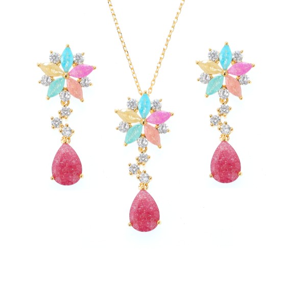 Small set delicate plated with gold studded with colored cubic zirconia stones