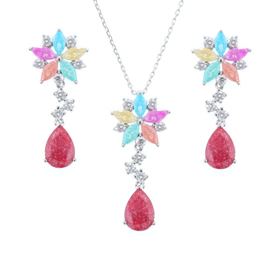 Small set delicate plated with gold studded with colored cubic zirconia stones
