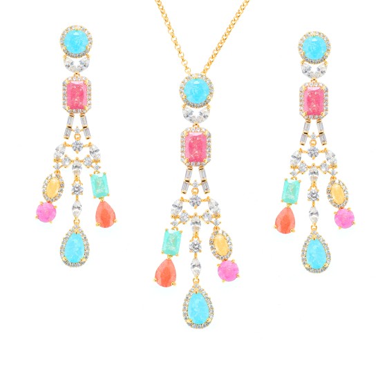 Small set delicate plated with gold studded with  colored cubic zircon