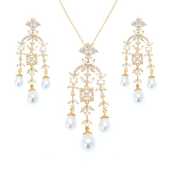 Small set delicate plated with gold,studded with zircon stones and white pearls