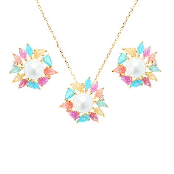 Small set delicate with gold plated studded with colored Cubic zirconia stones and white pearls
