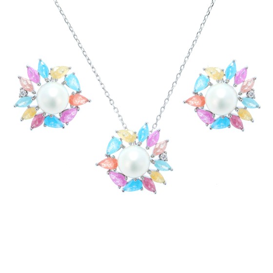 Small set delicate with gold plated studded with colored Cubic zirconia stones and white pearls