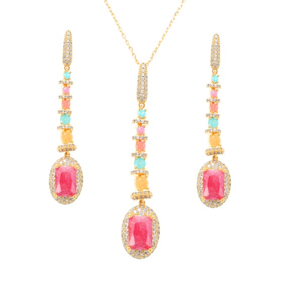 Small set delicate plated with gold studded with colored cubic zirconia stones