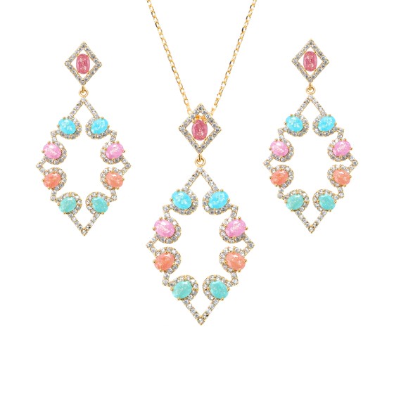 Small set delicate plated with gold studded with colored cubic zirconi