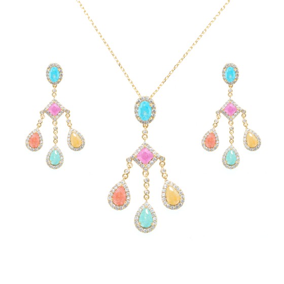 Small  set delicate plated with gold studded with colored cubic zirconia stones
