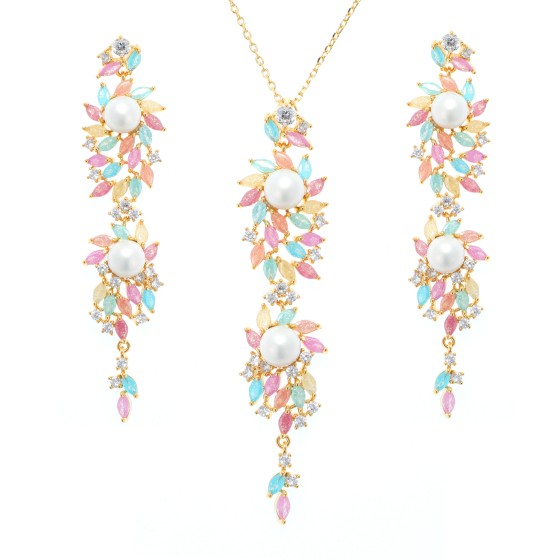 A small set  delicate of gold-plated,studded with colored zircon and cubic zirconia stones with white pearls.