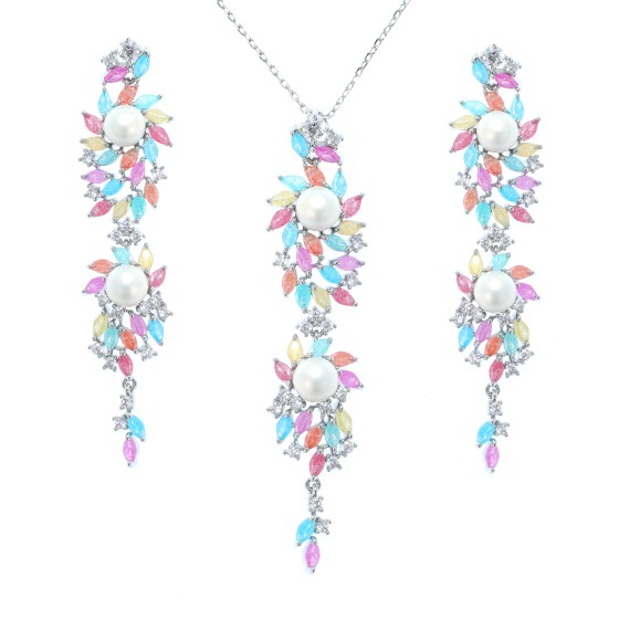 A small set  delicate of gold-plated,studded with colored zircon and cubic zirconia stones with white pearls.