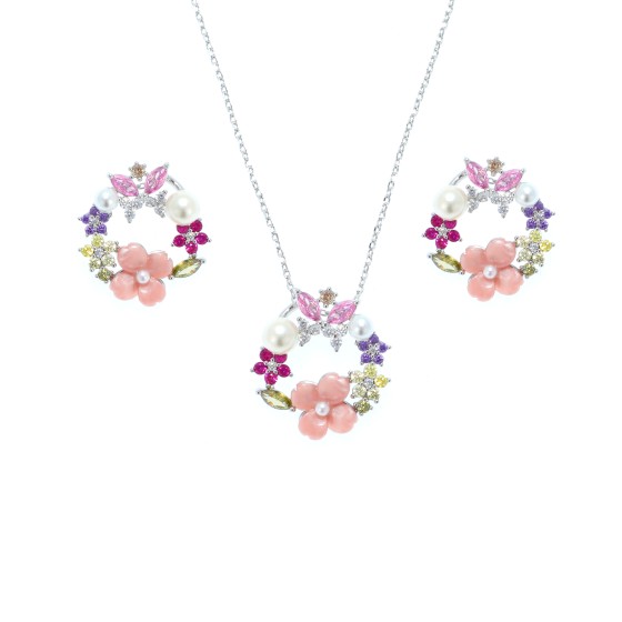 A small set delicate set of gold-plated,studded with colored cubic zirconia and white pearls.