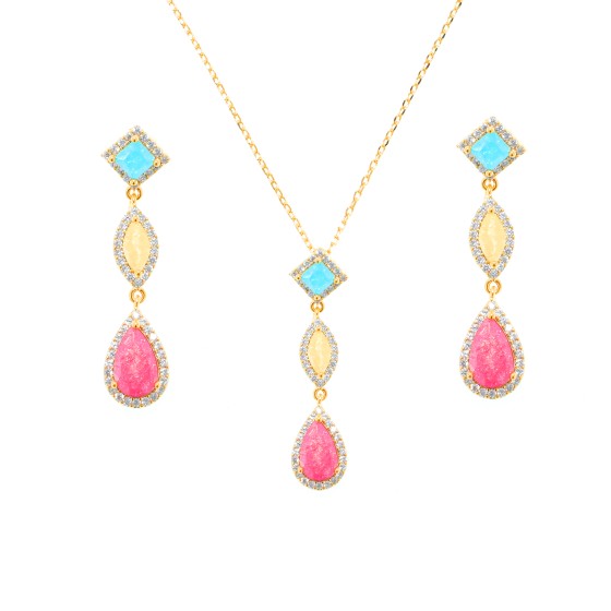 Small set delicate plated with gold,studded with cubic zirconia and colored cubic zirconia stones