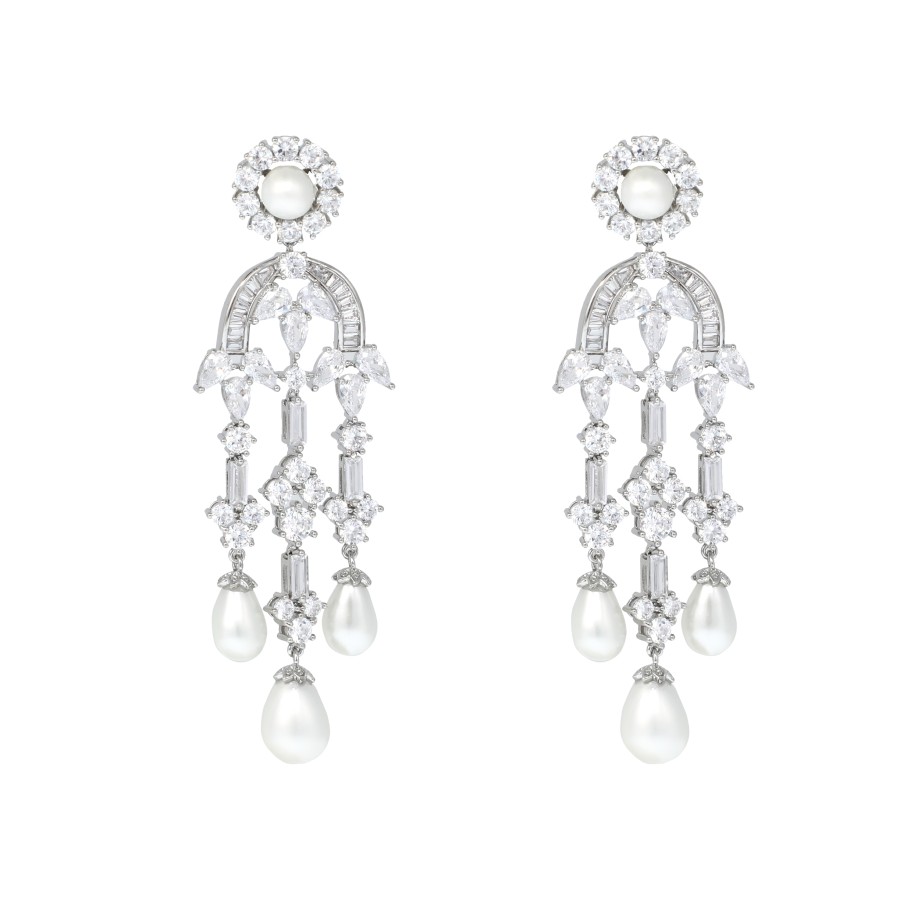 Gold plated drop earrings studded with zircon and pearls